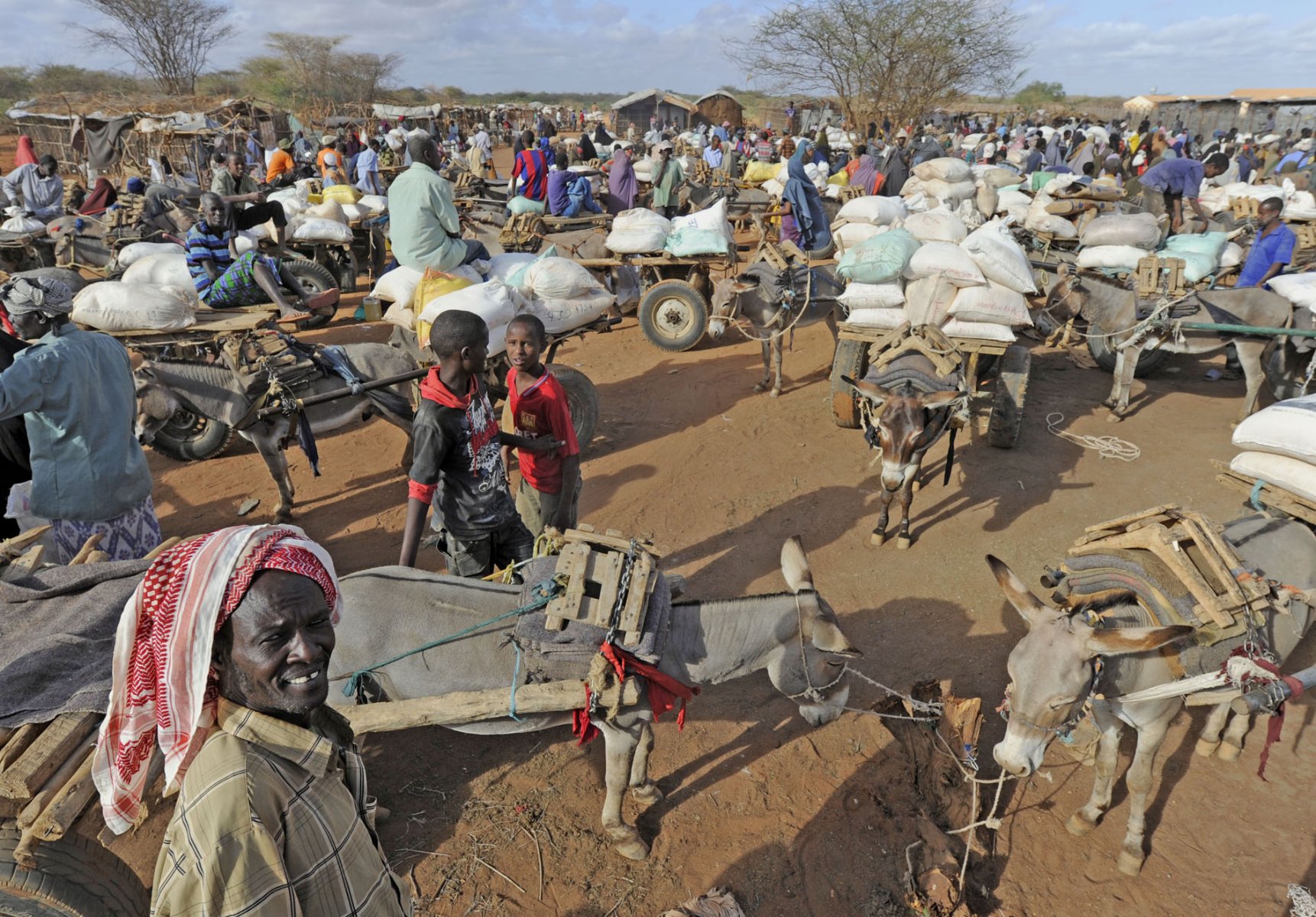 Hundreds of refugees with their donkey-vehicles have gathered around a food-hall to pick up their portion of wheat and other food at a refugee camp in Dadaab, northeastern Kenya on thursday, August 4, 2011. Somalia and parts of Kenya have been struck by one of the worst draughts and famines in six decades, more than 350.000 refugees have found shelter in the worlds biggest refugee camp. Photo: Boris Roessler dpa  +++(c) dpa - Bildfunk+++