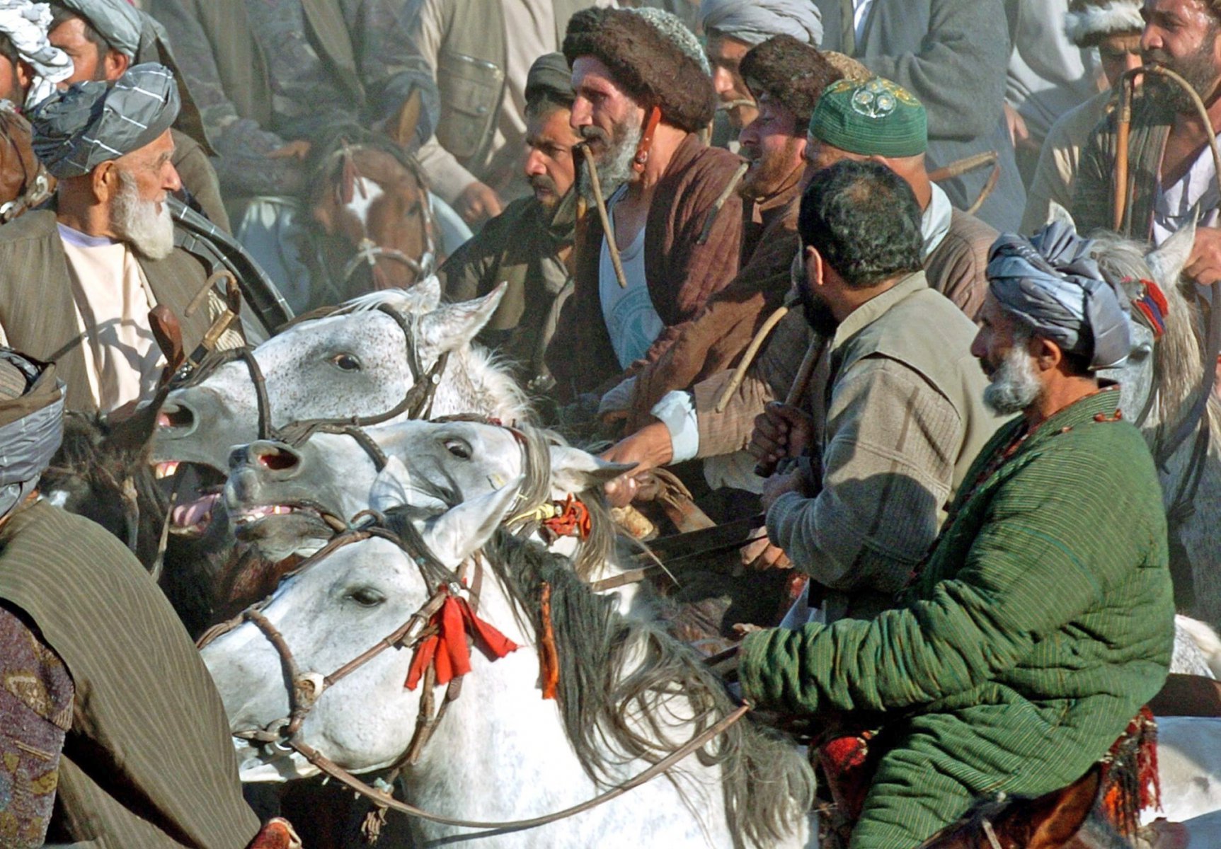 Afghan horsemen fight for the best Position during the traditional Buzkashi game in Kundus, Afghanistan. The ancient game of Buzkashi has been played in northern Afghanistan since the days of Ghengis Khan, the Mongol warrior whose army swept across Asia in the 13th century. It is a fierce game of competition played on the steppes of Asia by expert horsemen. As a rule, women are not allowed to watch. The carcass of an animal, preferably goats, is being prepared 24 hours before the game so it remain intact and not be torn to pieces as hundreds of horsemen independently compete to grab and carry the carcass to the winning circle. To begin the game, a pit is dug and the carcass is placed into it so that the top of the carcass is level with the ground. A large circle is drawn around the pit. This circle is called the hallal, which means 'circle of justice'. Far to the right of the hallal is a pole, and far to the left is another. The horsemen encircle the pit containing the carcass, and on a given signal, compete to grab it and gallop away around one post and then the other before returning and throwing the boz back into the pit. The other riders try to prevent that by attacking the rider and trying to steal the carcass away. The horseman who returns the carcass into the pit is considered the winner. Photo: Boris Roessler/dpa